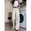 Womens High Waist Beige Cargo Wide Leg Jeans Casual Loose Streetwear Denim Trousers Y2K Style