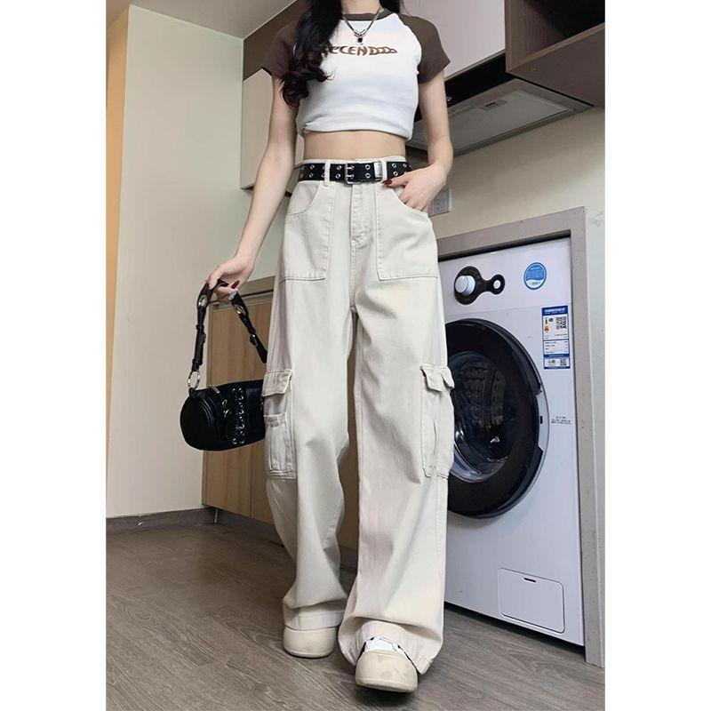 Womens High Waist Beige Cargo Wide Leg Jeans Casual Loose Streetwear Denim Trousers Y2K Style