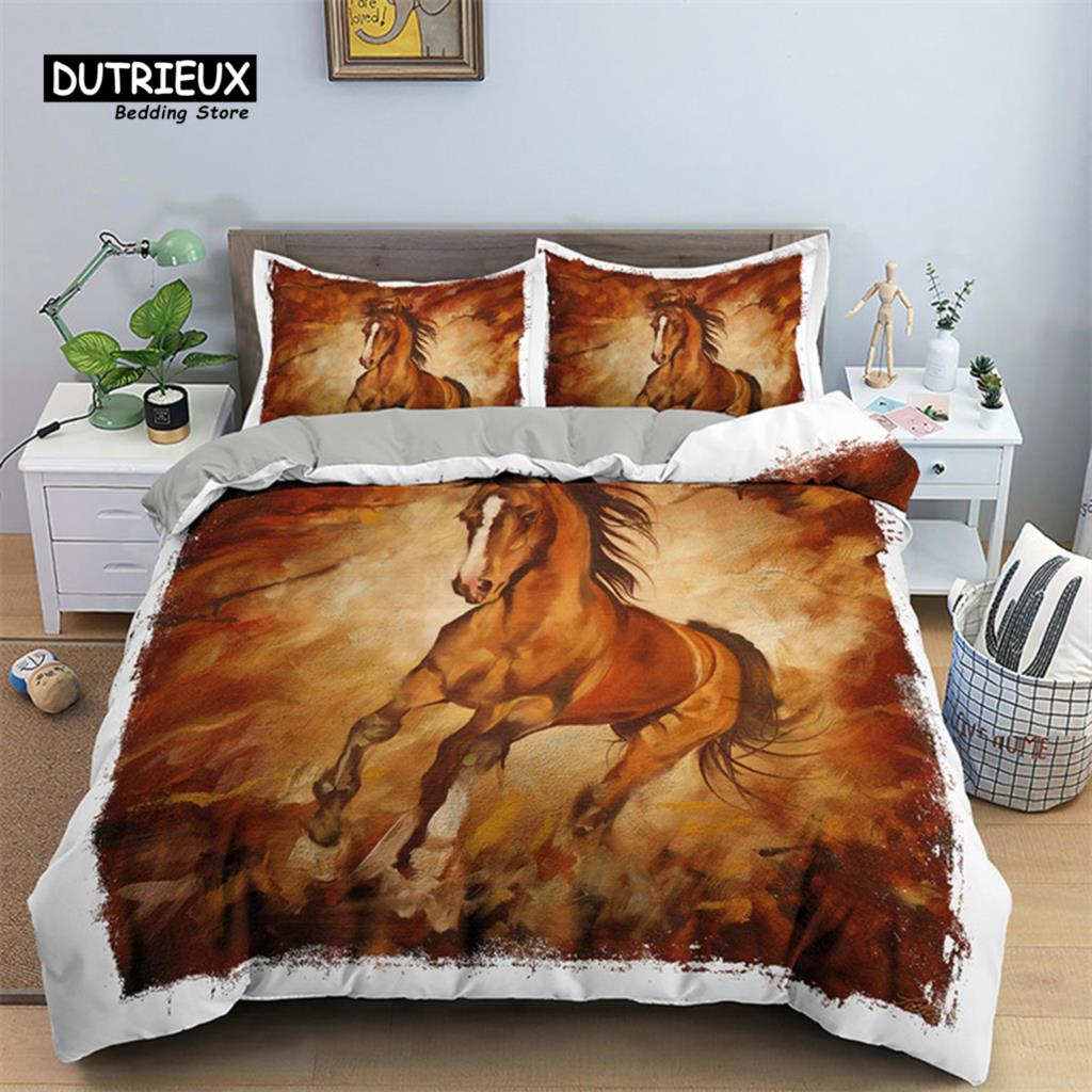 Horse Duvet Cover 3D Steed Farm Animal Comforter Cover Polyester Exotic Style Western Cowboys Bedding Set Twin For Kids Boy Teen