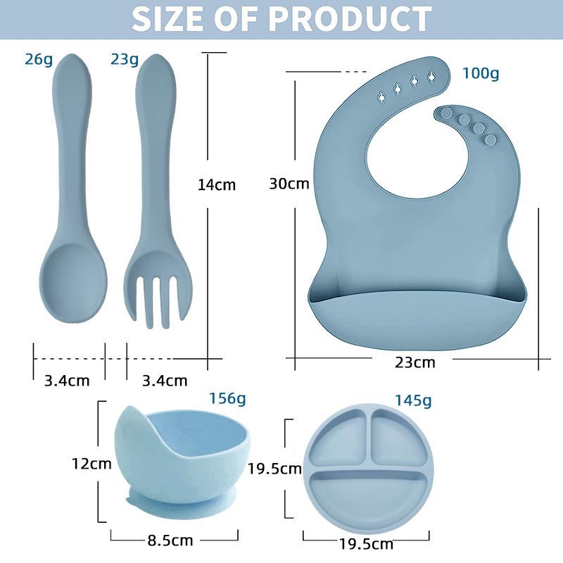 Silicone Baby Tableware Set: Bowl, Fork, Spoon, Plate with Suction Cup
