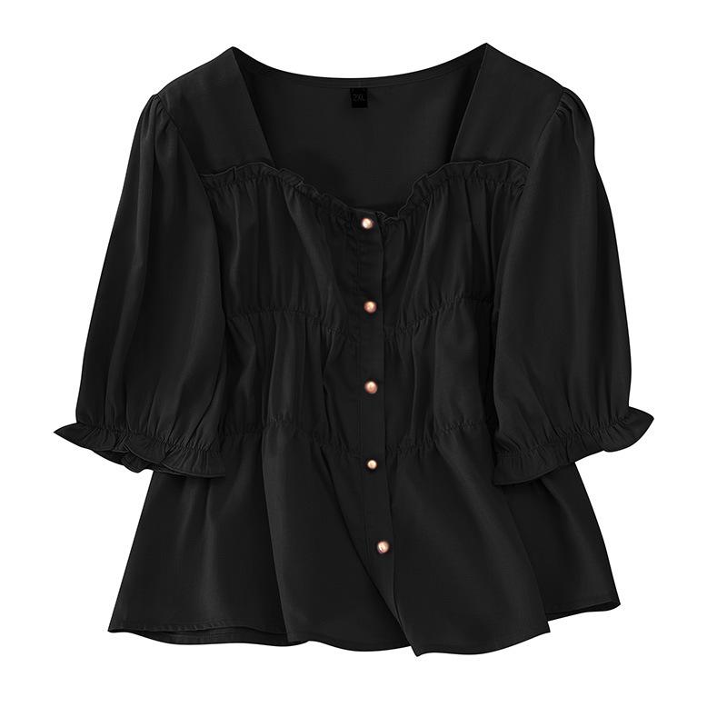 Plus Size Women Short Sleeve Square Neck Solid Color Shirt Summer Fashion Slim Fit Blouse
