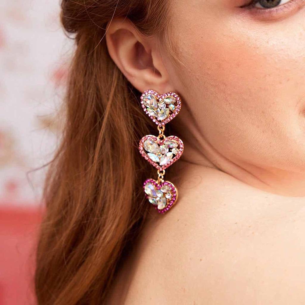 European & American Love Heart Multi-layer Rhinestone Dangle Earrings