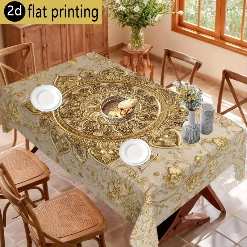 2D Flat Printing, 1pc Golden-patterned Eid Al-Fitr Tablecloth, Durable Polyester, Mubarak Banner Ramadan Decoration, Islamic Party Table Decor, Suitab