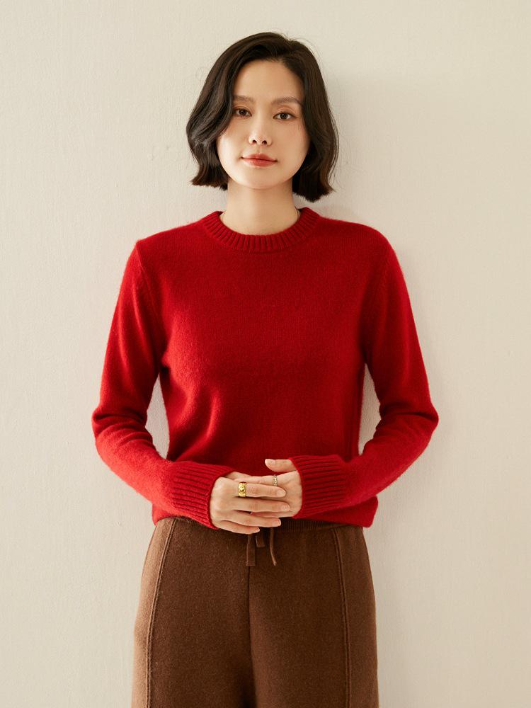 Women's Elegant Round Neck Cashmere Sweater - Autumn/Winter 2026 Collection, Solid Color, Loose Fit, Slimming Flat Knit Base Layer