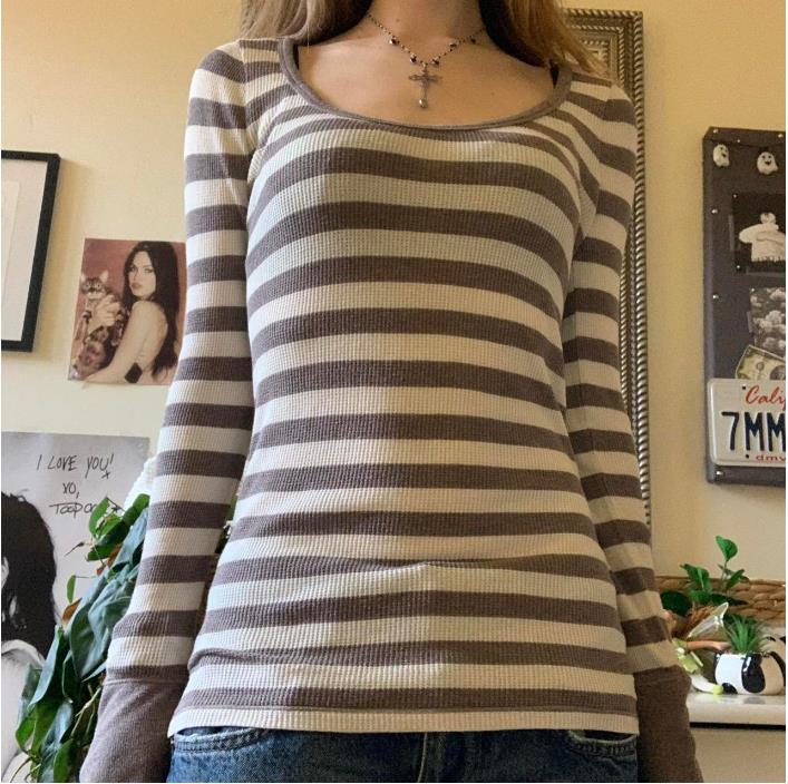 Women's Red and Grey Shirt Striped Long Sleeve Tops Grunge 2000s Fall Ribbed Soft Shirts