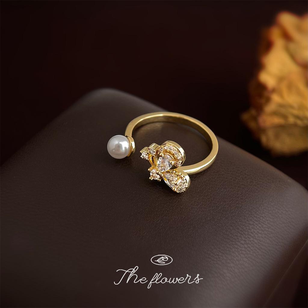 Micro-inlaid zircon-plated 14K bow ring, adjustable opening Mori super fairy index finger ring jewelry open adjustable