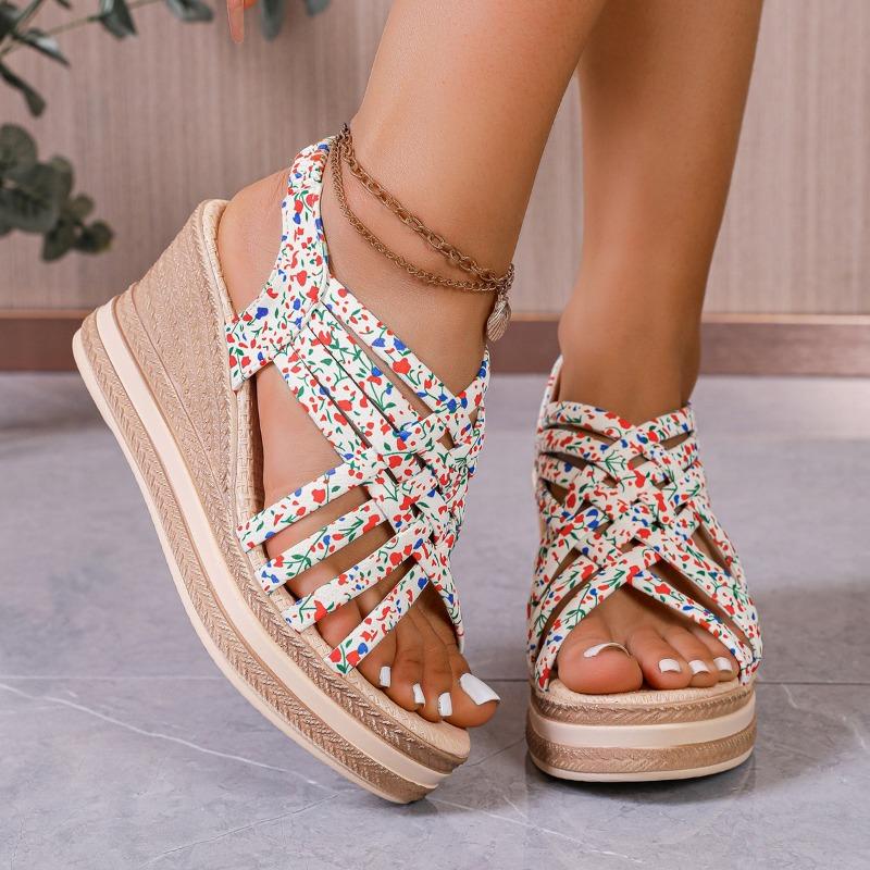 Spring and Summer New Slope Heel Platform Women's Shoes Large Size Printing Casual Platform Muffin Fish Mouth Sandals Women