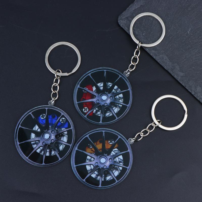 Rotatable Car Wheel Rim Keychain Clear 2D Acrylic Brake Caliper Key Ring Practical Key Accessory for Daily Commute Use
