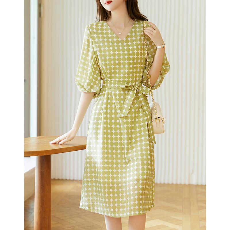 

Deme Women s Retro Polka Dot V-Neck Lantern Sleeve Chiffon Midi Dress XL