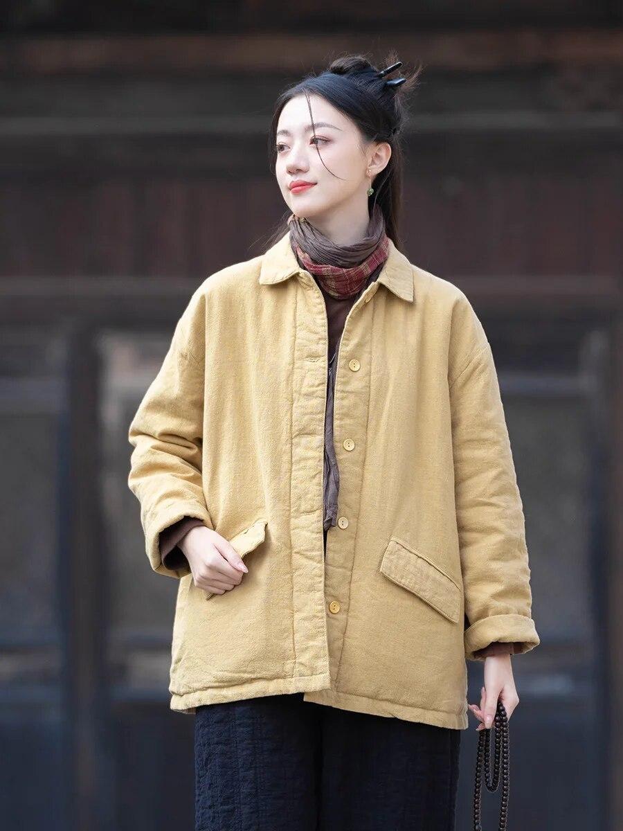 

Johnature женские зимние парки в китайском стиле с отложным воротником и пуговицами, теплые пальто с карманами и длинными рукавами, хлопковые парки One Size светло-желтого