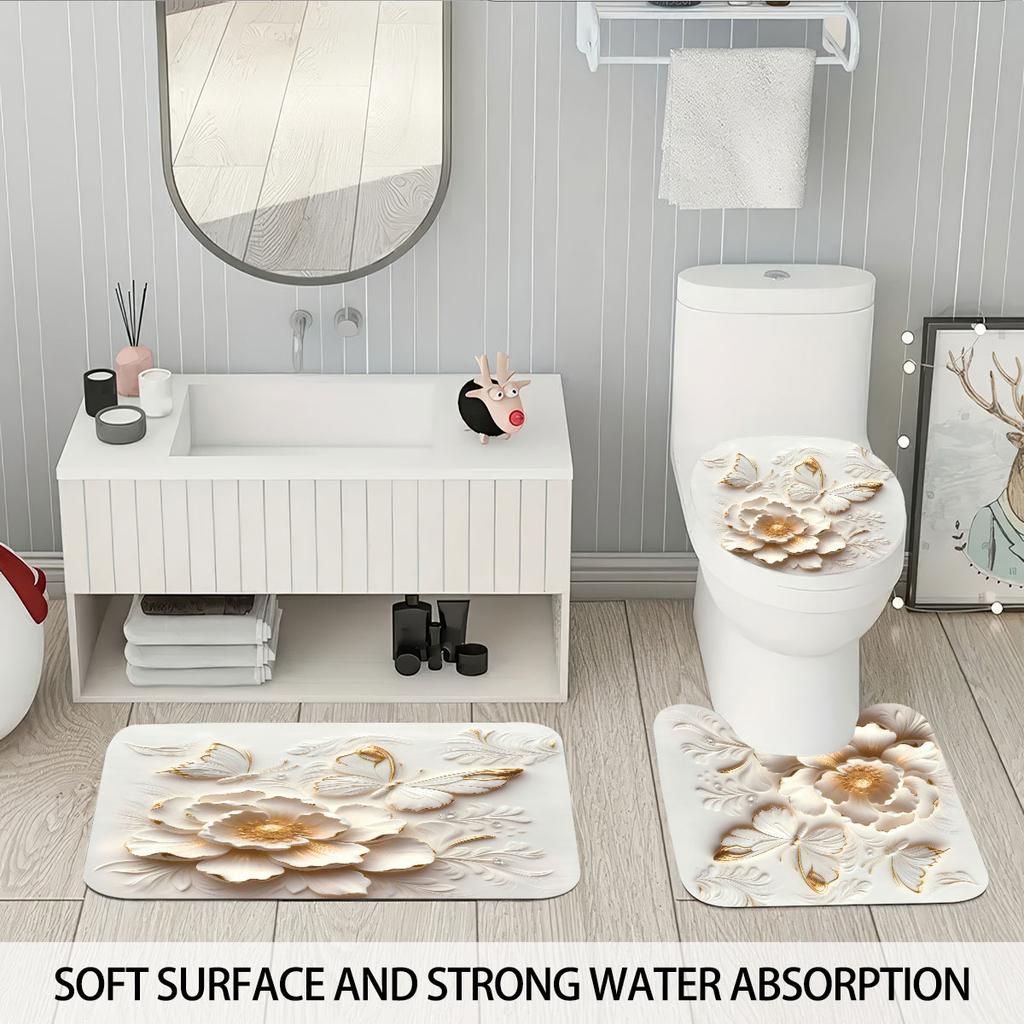 4pcs imitation relief hibiscus floral print bathroom set 180x180 waterproof shower curtain floor mat U-shaped mat toilet cushion