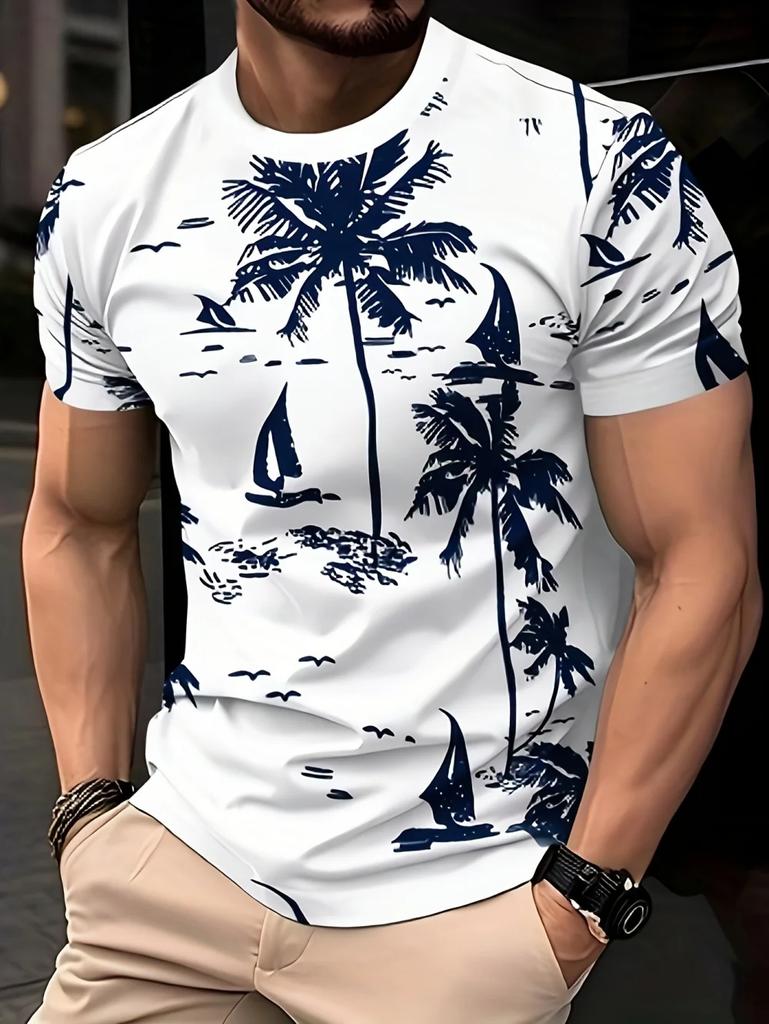 Men's Hawaiian Short-Sleeved T-Shirt Coconut Tree Pattern Print Fashion Casual Quick-Dry Vacation Party Premium Men's Clothing