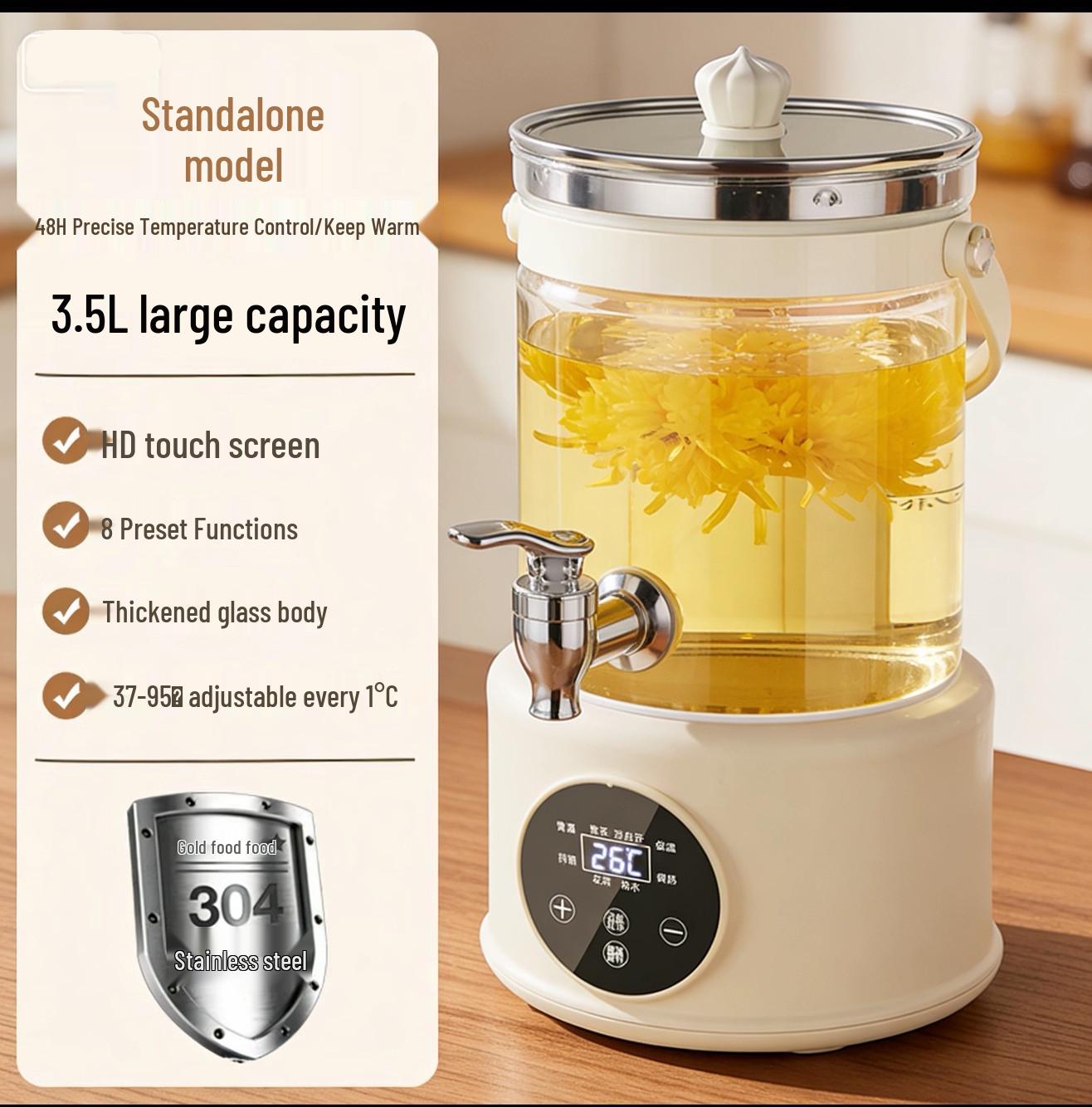 Large Capacity Borosilicate Glass Electric Tea Kettle with Faucet 2.8L Large Capacity
