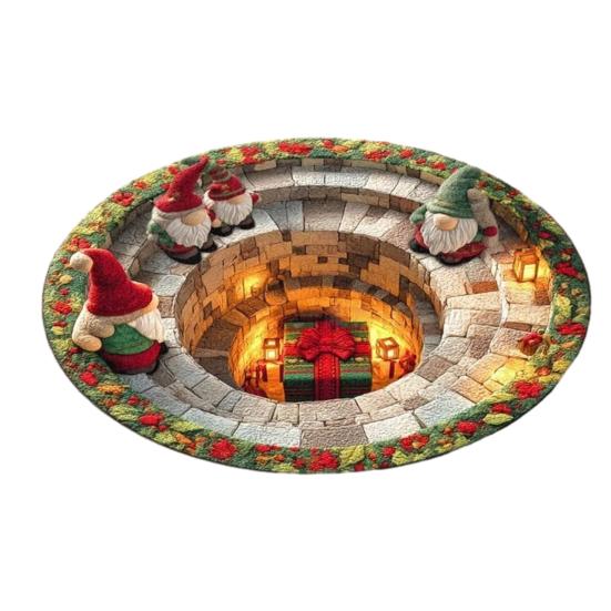 Winter Festive Room Accent Christmas Round Rug, 3D Illusion Mat, Holiday Carpet, Soft Gnome Deer Party Floor Decoration Santa House Rug for