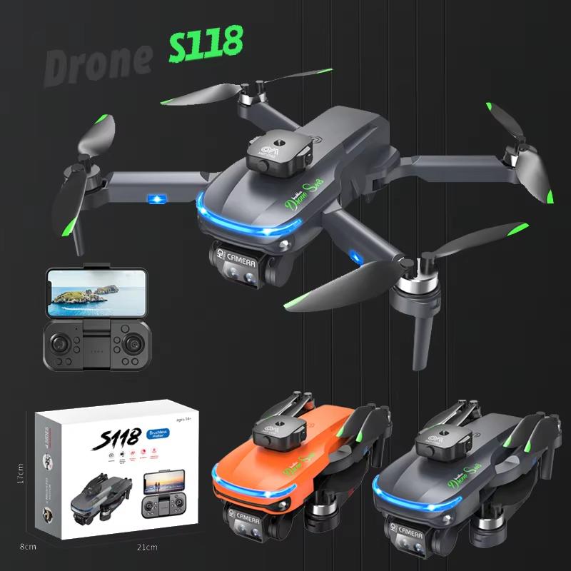 S118 Pro Mini Drone 8K HD ESC Tre Kameror Dron 2.4G WIFI FPV Hinderundvikande Optisk Flödespositionering Borstlös Uppgraderad Fyrhjuling Leksak Gåva