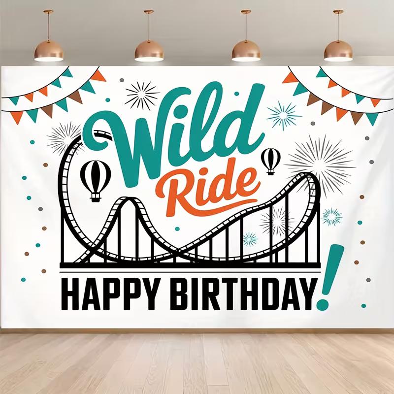 

2D Roller Coaster Backdrop Wild Ride Happy Birthday with Fun Fair Elements Background 47.2x31.5inch/120*80cm