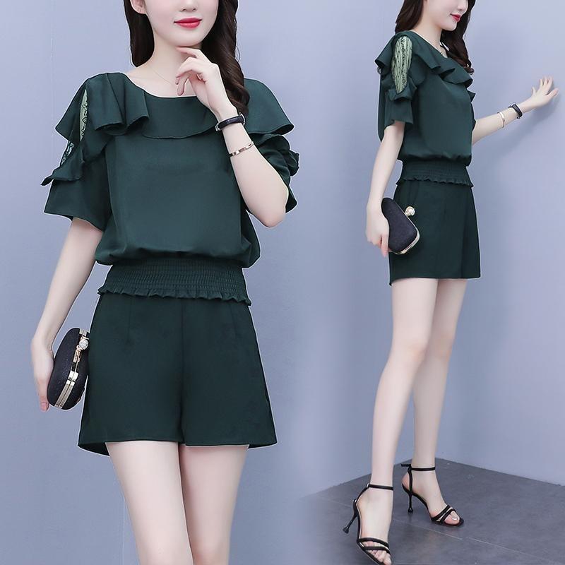 Women's Summer Suit Waistband Lace Openwork Off The Shoulder Short Sleeve Tops Wide Leg Pants 2 Two Piece Set for Women