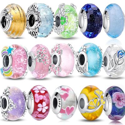 Genuine S925 Sterling Silver Murano Colored Glass Beads Feather Charm Fit Bracelet Girls Fine Jewelry Gifts
