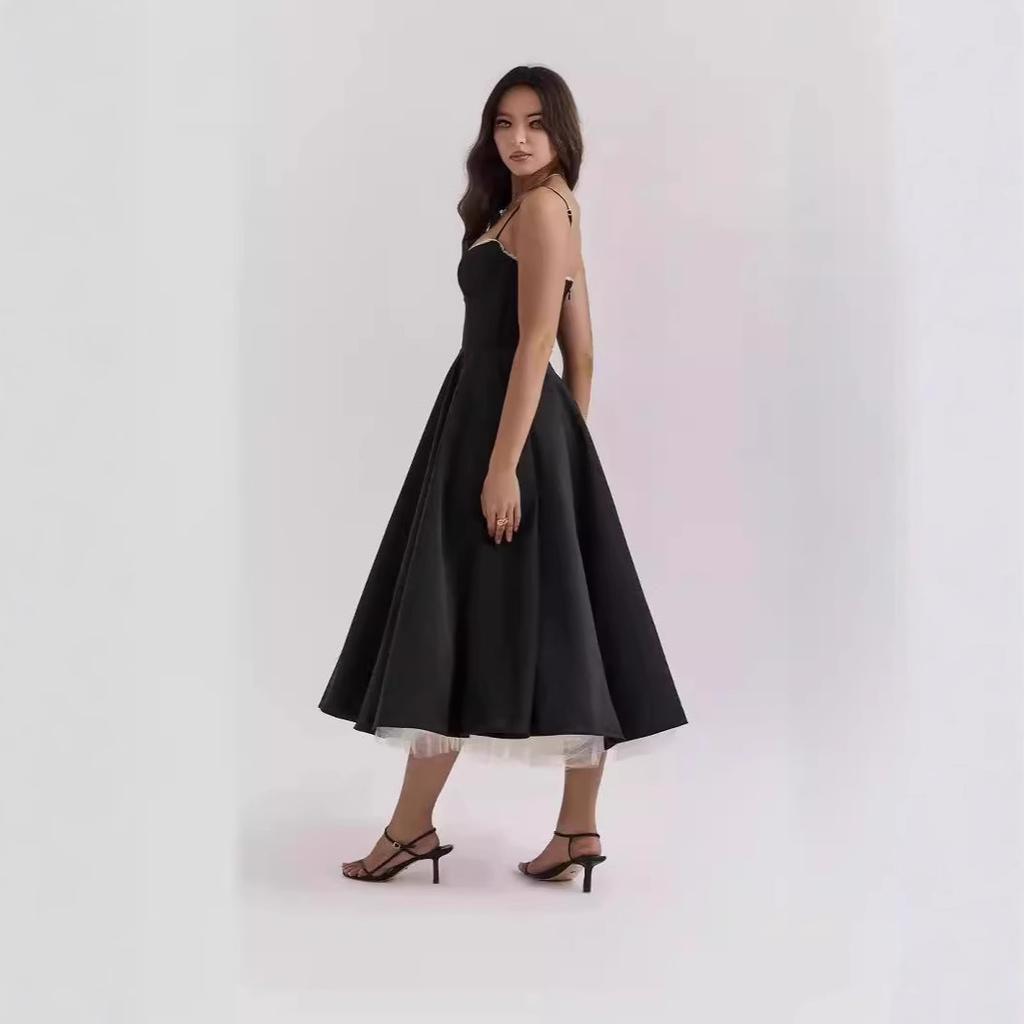 Damen V-Ausschnitt Spaghettiträger Midi-Kleid Figurbetont Hoher Bund Satin Schwingend Cocktailparty-Kleid