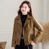 Women Pu Leather Jacket Notched Collar Slim Fit Casual Outerwear