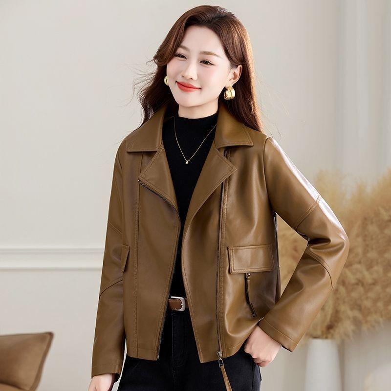 Women Pu Leather Jacket Notched Collar Slim Fit Casual Outerwear