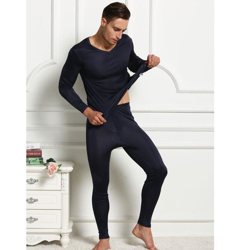 Tangge Set Intimo Termico da Uomo in Maglia di Seta di Gelso a Doppio Lato - Tinta Unita per l'Autunno