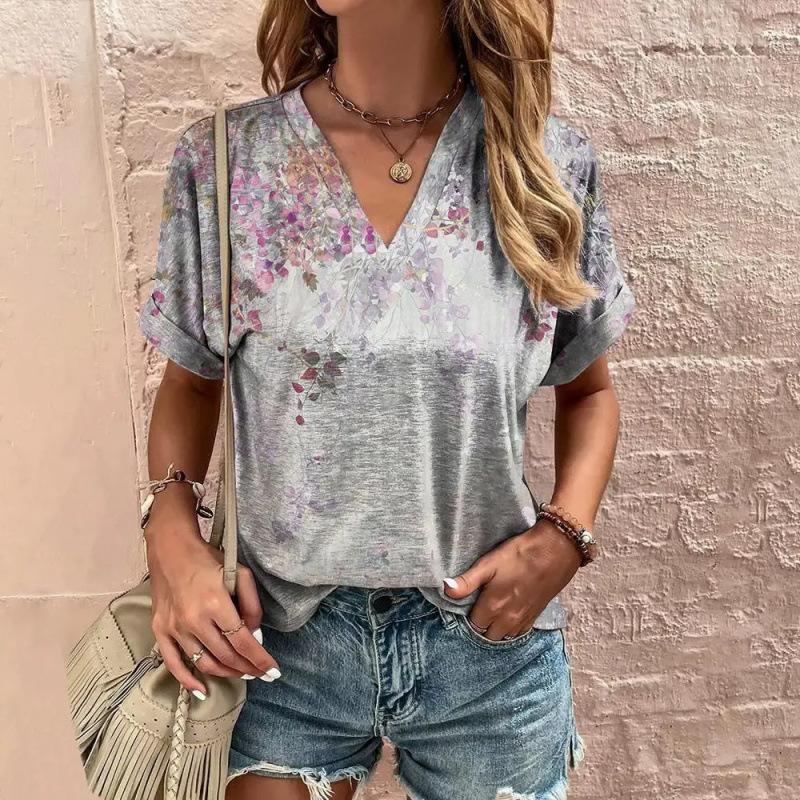 Summer V-neck 3D Vintage Floral Pattern Printed Top Fashionable Casual Short Sleeved Women's T-shirts