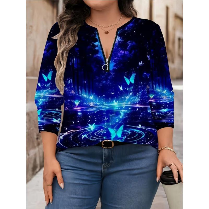 Women's Fashion Zippered Long Sleeved Top Clothing Women Casual Random Printing with Zipper T-shirt