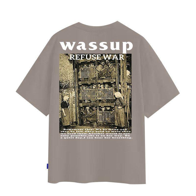 Wassup Heods American Heavy-Duty Vintage Printed Short-Sleeve T-Shirt for Men, National Trend, Pure Cotton, Loose Oversize