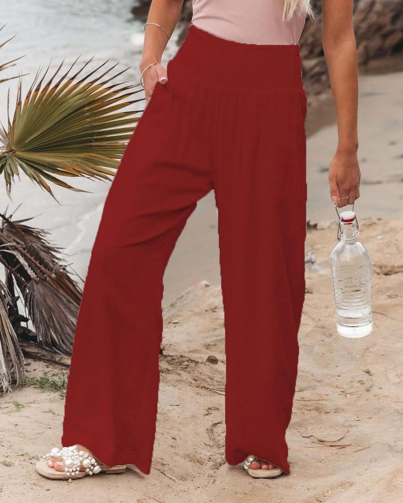 Women's Spring/Summer 2025 Cotton Linen Wide-Leg Pants - Solid Color, Elastic Waist, Casual Long Fit