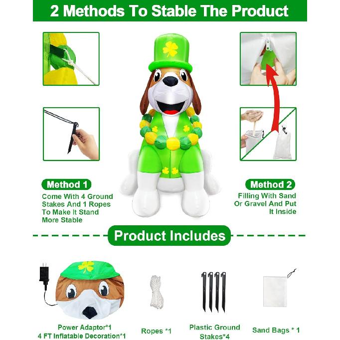 4FT St Patricks Day Inflatables Outdoor Decorations Blow Up Cute Dog Wearing Luck Shamrock Hat Bead Necklace, St. Patrick's Blow ups Irish Built-in