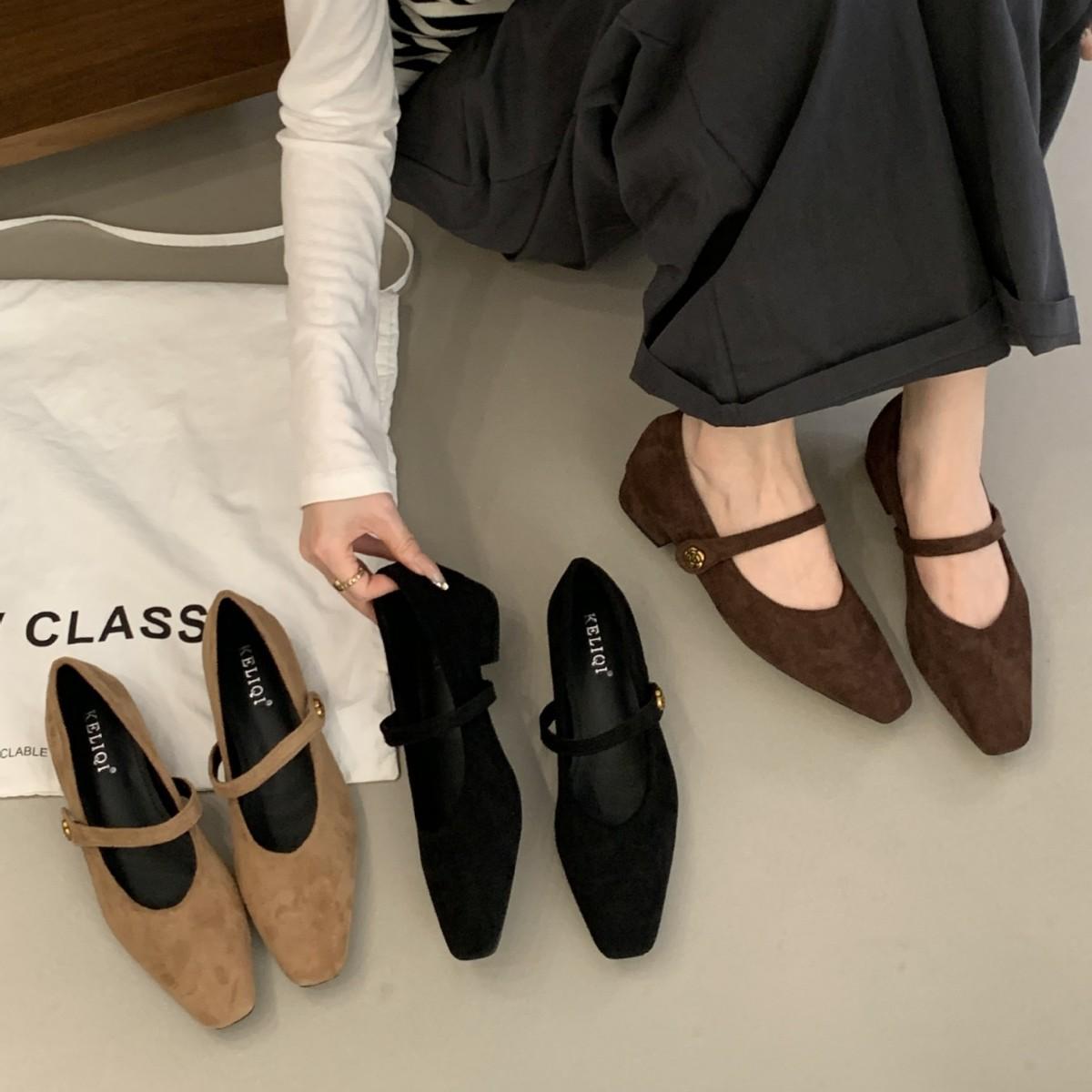 

2025 new autumn light mouth suede one-word belt commuter soft leather work women s single shoes 39 кофейный