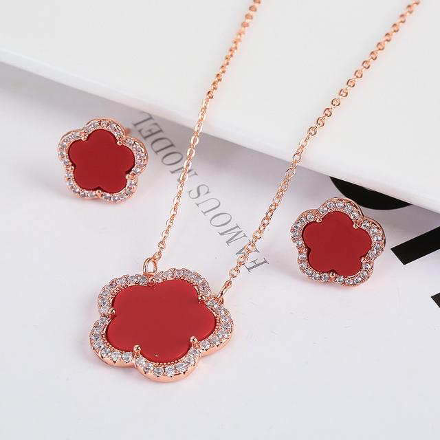 Top Quality Women Girls Five Leaf Flower Set Necklace Earrings Fashion Luxury Natural Stone Shell Set High Quality Zircon Gifts