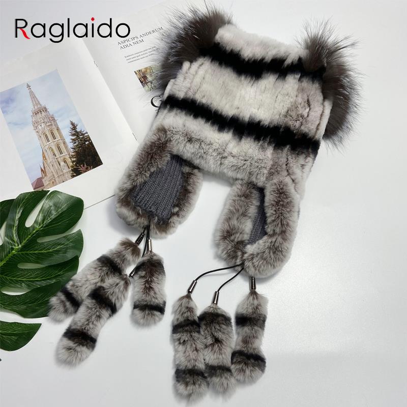 Chapéus de pele de coelho natural para mulheres, abas de orelha, rabos fofos, chapéu de inverno quente e estiloso