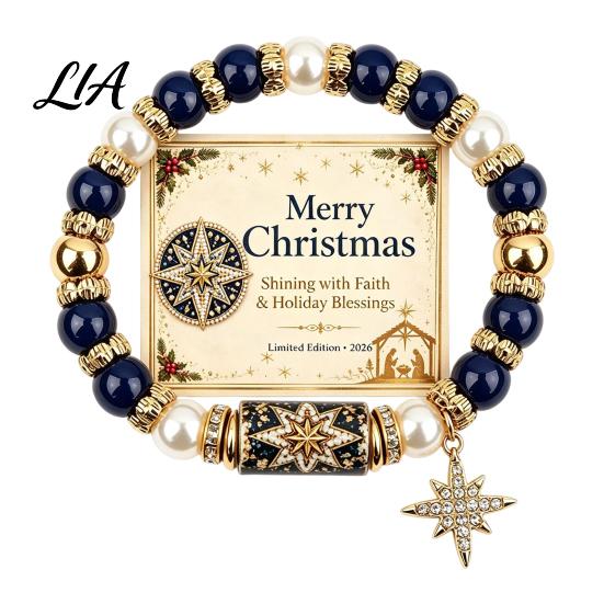 Commemorative Holiday Blessing Gift Christmas Bracelets for Women, Beaded Charm Stretch Bracelet with Elastic Pearl Wrist Jewelry Card, Stocking
