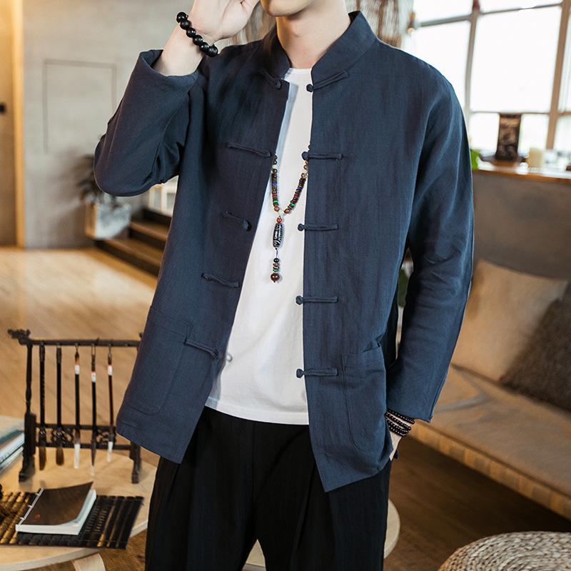 Men's Chinese-Style Long-Sleeve Linen Shirt with Stand-Up Collar - Retro Casual Top