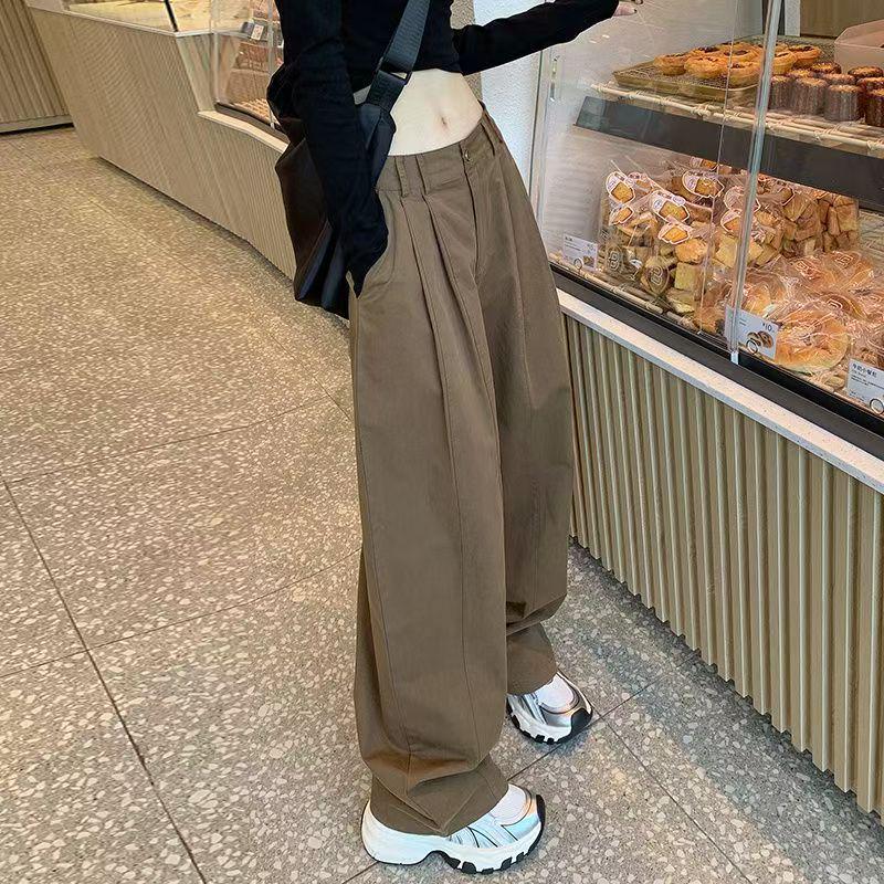 Khaki Retro High-Waist Wide-Leg Women's Work Pants, Extra Long Version for Tall, Spring/Autumn 2025.
