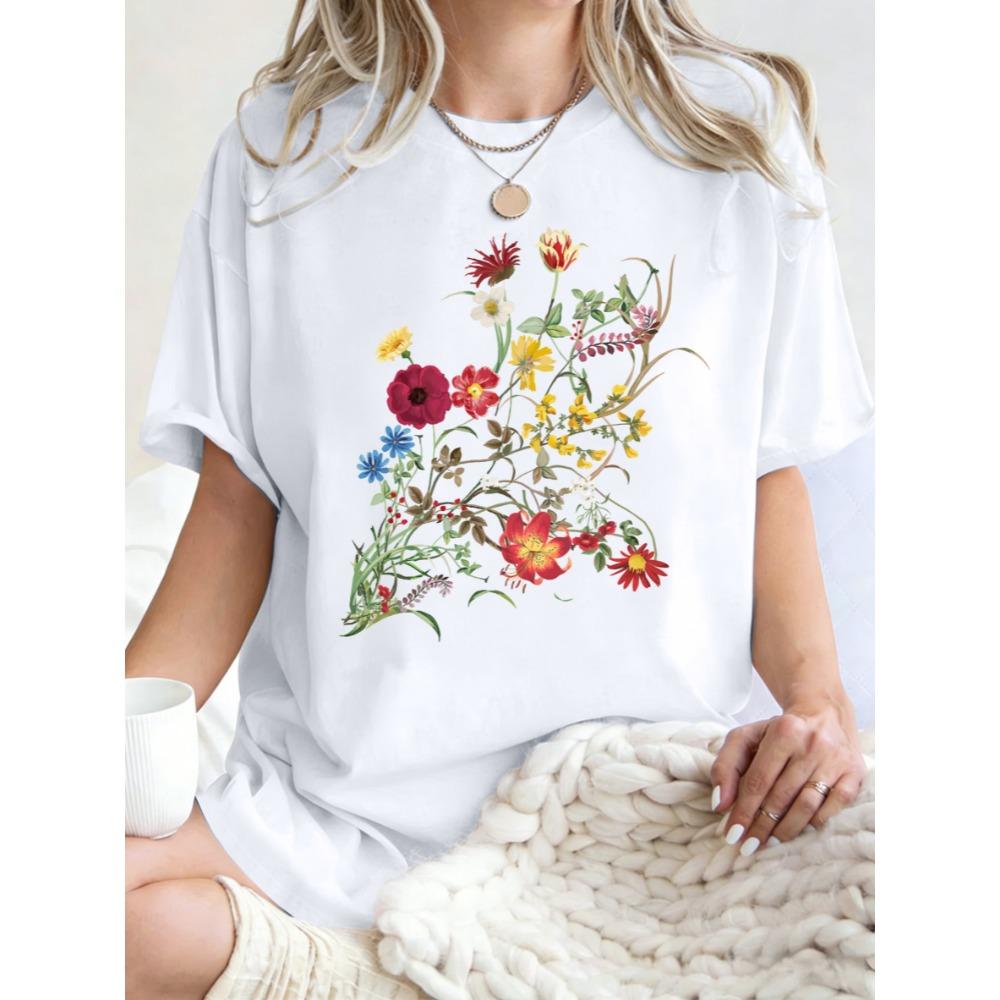 Beautiful Flowers Born In The Sun Print Women T-Shirts O-Neck Y2K Short Sleeve Cotton Casual T Shirt Oversized Clothes