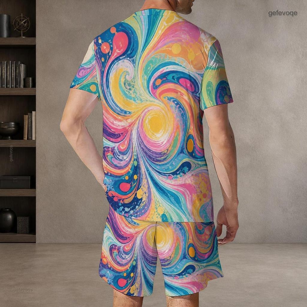 Men s Plus Size Colorful Swirl Printed Round Neck Short Sleeve T Shirt And Shorts Two Piece Set
