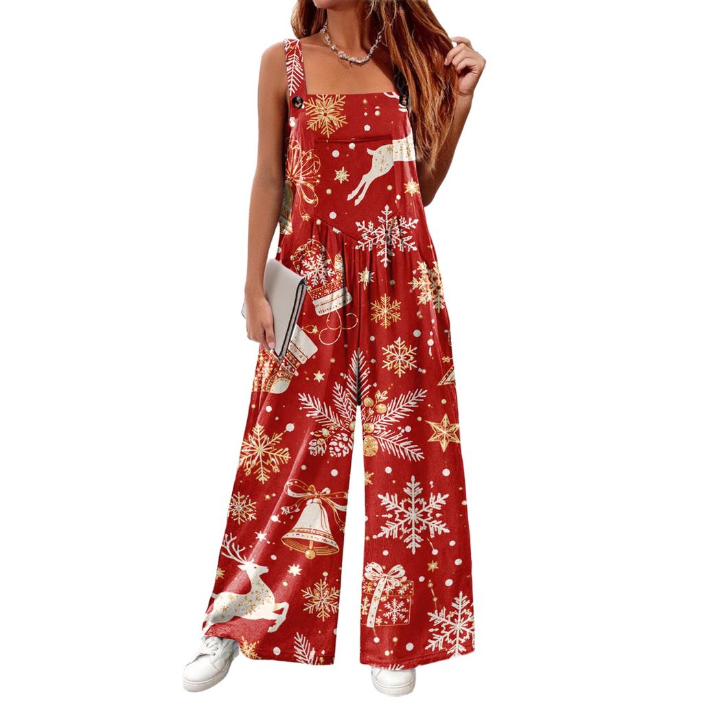 Women's Casual Sleeveless Cotton Jumpsuit with Christmas Print for Holiday Parties and Everyday Wear