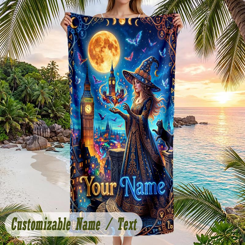 Witchcraft Theme Beach Towel Personalized Custom Name & Text Soft Quick Dry Beach Towel for Swimming Travel