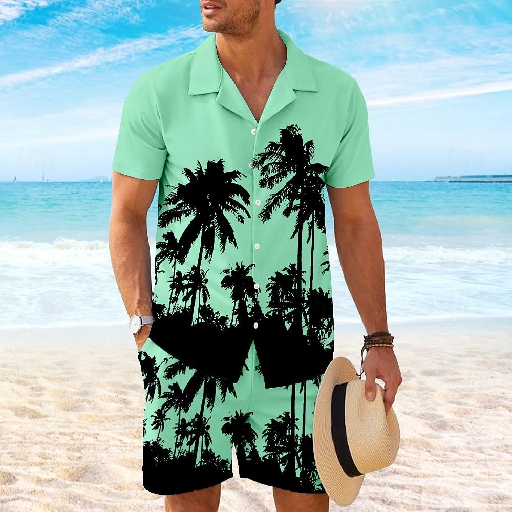 Men's Summer Sets Coconut Tree 3D Print Short Sleeve Tops +Shorts 2 Piece Hawaiian Beach Vacation Shirt Suit Fashion Men Outfit