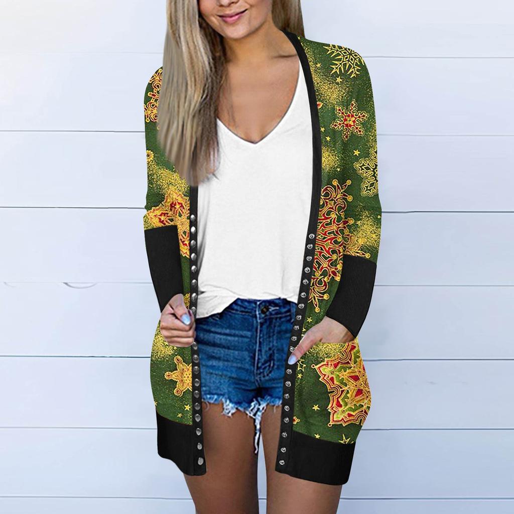 Women's Casual Long Sleeve Front Cardigan Gradual Christmas Printed Top Lightweight Jacket