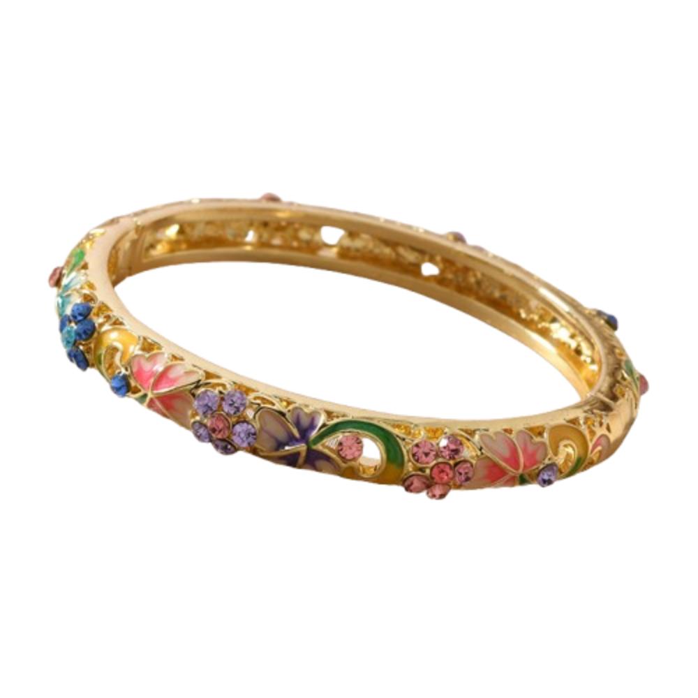 Gold Plated Cloisonne Bracelet Double Bangle Traditional Chinese Double Bangle Flower Pattern Enamel Design Ethnic Bracelet