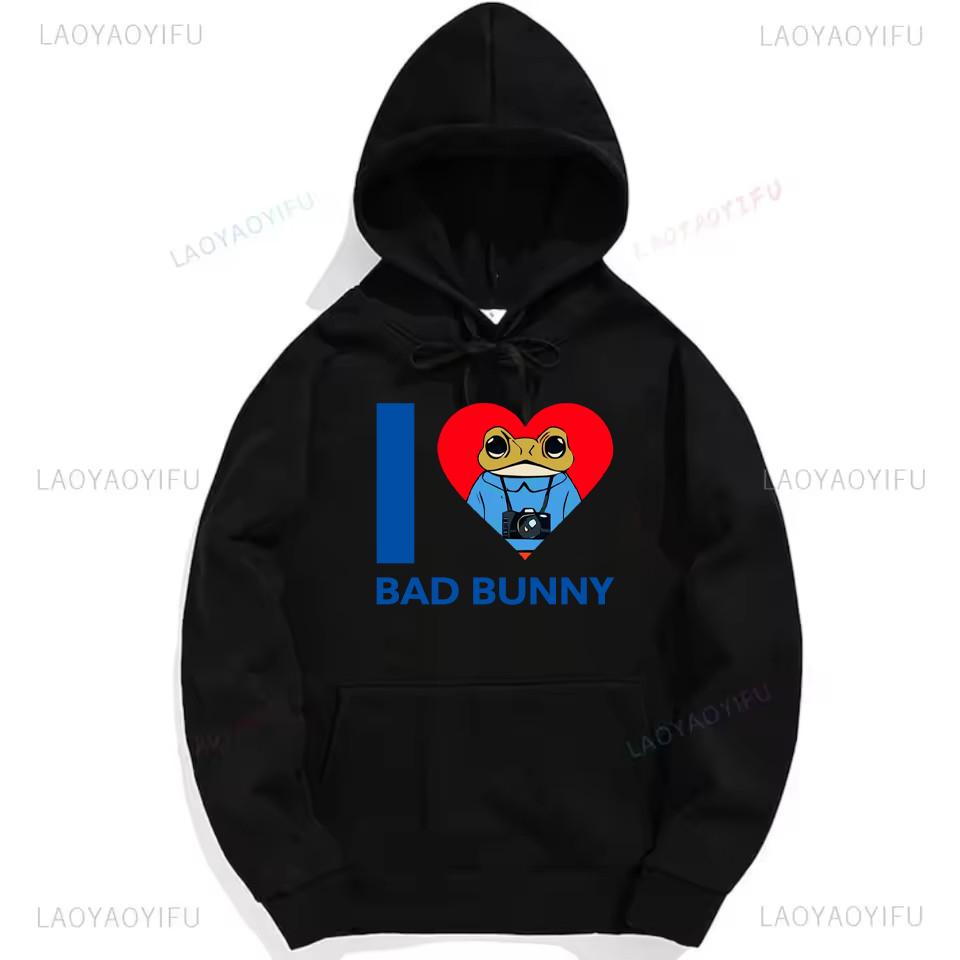 Bad Bunny Debi Tirar Mas Fotos Frog Graphic Sweatshirt Fashion Hip-hop Hoodie Woman Man Black Puerto Rico Drop Shoulder Pullover