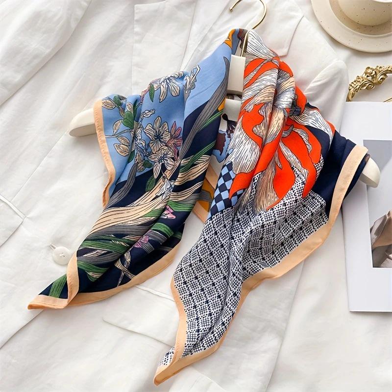 Women's Korean Style Retro Printed Imitation Silk Scarf for Professional and Casual Use
