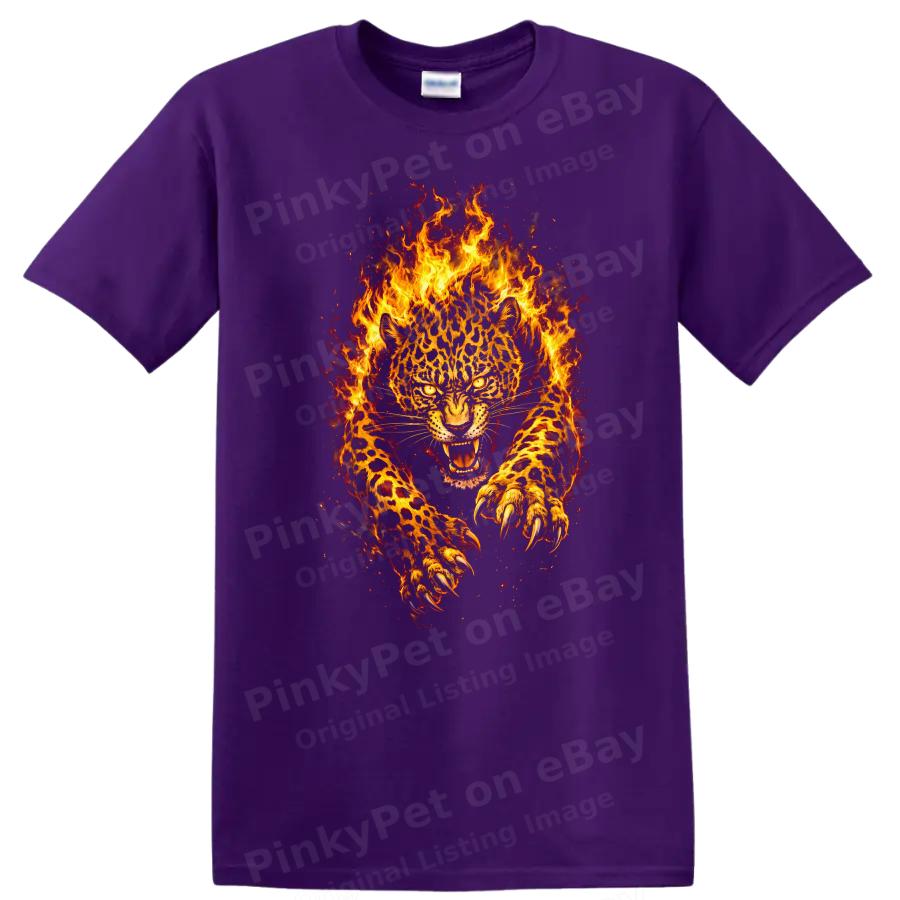 Fire Leopard Graphic T Shirt Wild Animal Roaring Flame Effects Tee
