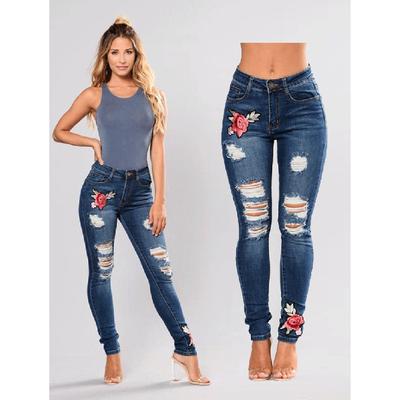 European And American Women'S Jeans With Torn Holes And Embroidered Flowers, Women'S Jeans, Long Pants, Small Leg Pants