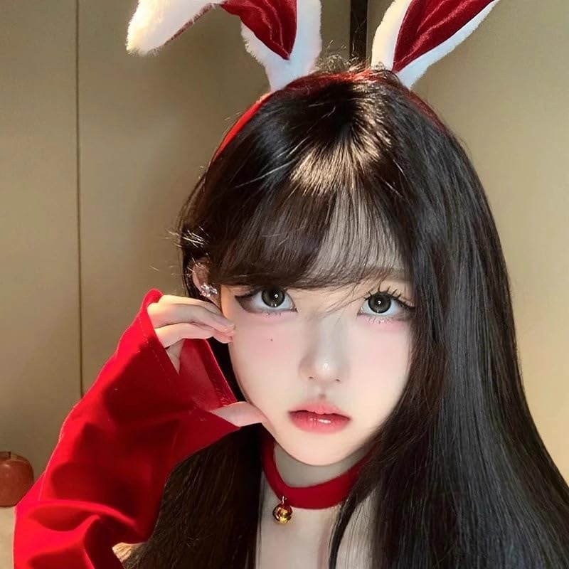 Bookworm Bunny Ear Headband for Christmas Cosplay Parties, Red and White, Cute Bunny Girl Headband with Fluffy Ears, Costume Accessory for Adults and