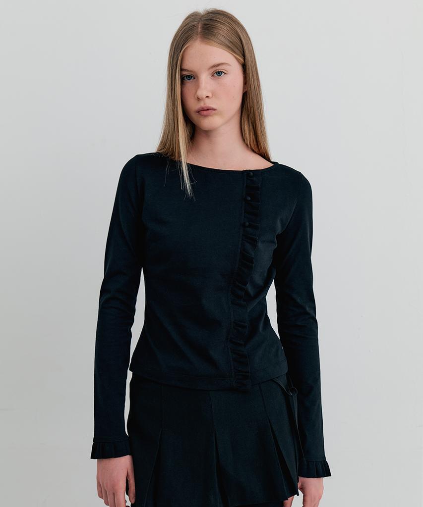 ITOV SEOUL Frill Button T-Shirt Black